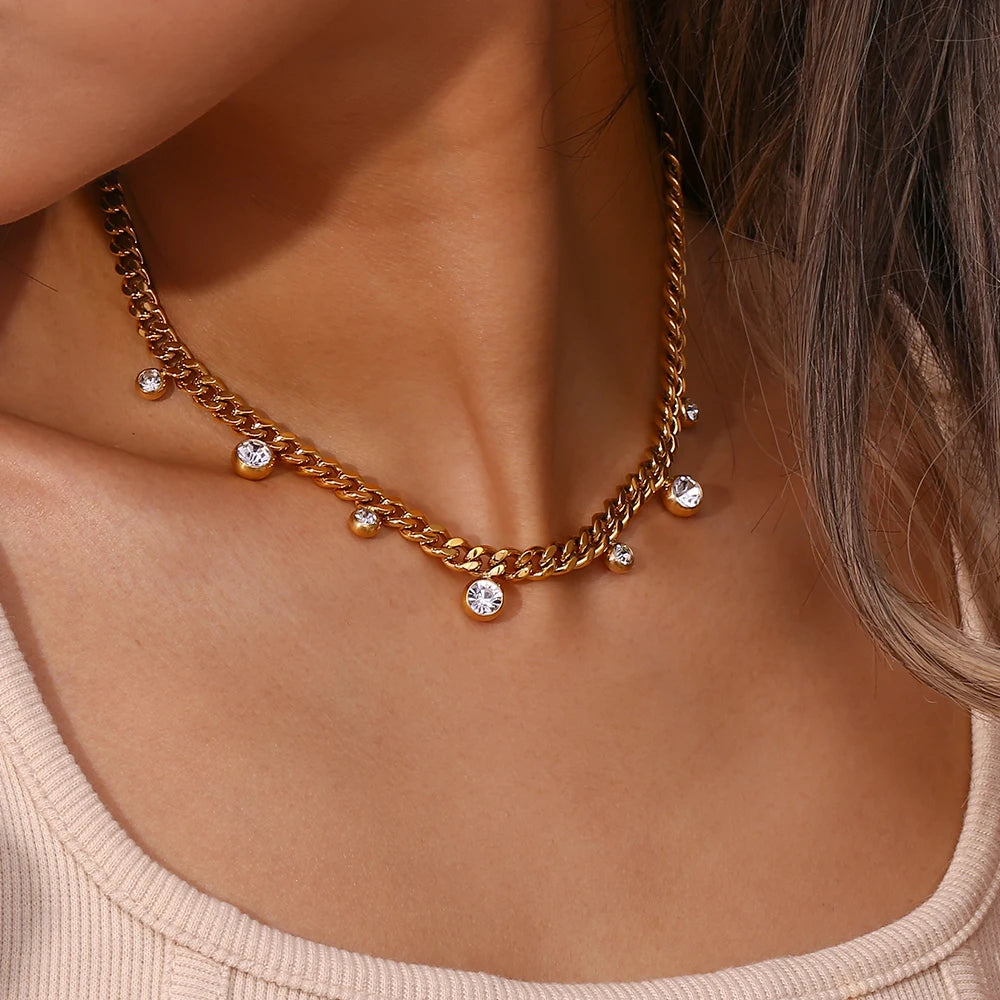 Golden Crystal Charm Cuban Necklace