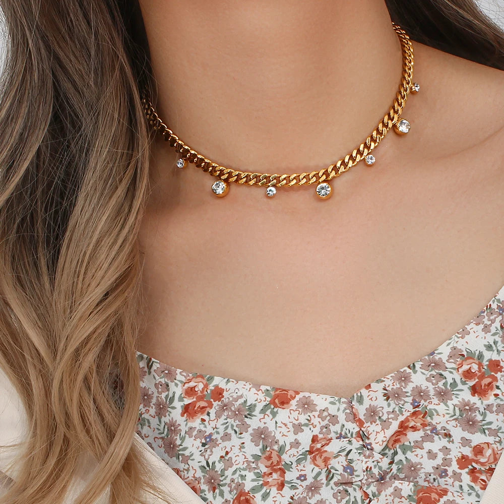 Golden Crystal Charm Cuban Necklace