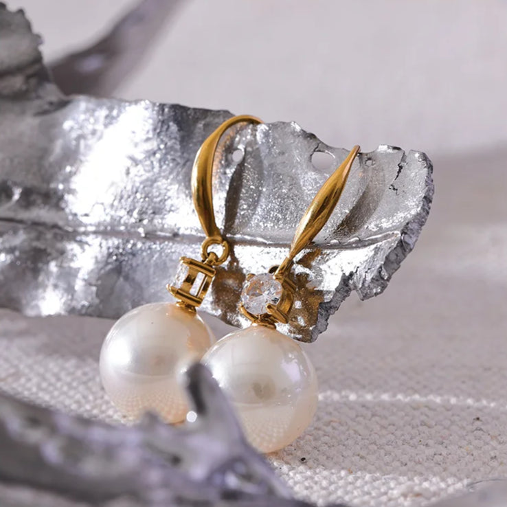 Pearl CZ Geometric Drop Earrings