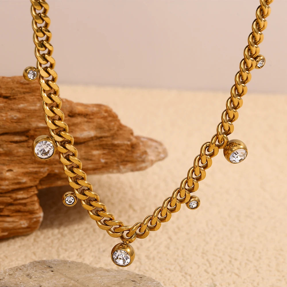 Golden Crystal Charm Cuban Necklace