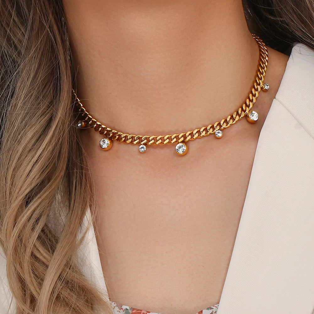 Golden Crystal Charm Cuban Necklace